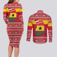 Ghana Christmas Couples Matching Long Sleeve Bodycon Dress and Long Sleeve Button Shirt with Monkey Holding Gift Ghana Map and Festive - Wonder Print Shop