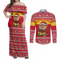 Ghana Christmas Couples Matching Off Shoulder Maxi Dress and Long Sleeve Button Shirt with Monkey Holding Gift Ghana Map and Festive - Wonder Print Shop