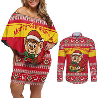 Ghana Christmas Couples Matching Off Shoulder Short Dress and Long Sleeve Button Shirt with Monkey Holding Gift Ghana Map and Festive - Wonder Print Shop