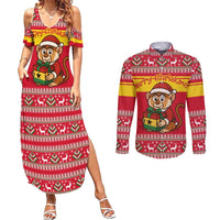 Ghana Christmas Couples Matching Summer Maxi Dress and Long Sleeve Button Shirt with Monkey Holding Gift Ghana Map and Festive - Wonder Print Shop