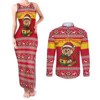 Ghana Christmas Couples Matching Tank Maxi Dress and Long Sleeve Button Shirt with Monkey Holding Gift Ghana Map and Festive - Wonder Print Shop