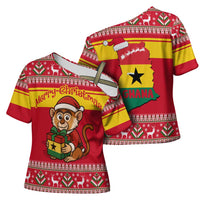 Ghana Christmas Cross Shoulder Shirt with Monkey Holding Gift Ghana Map and Festive - Wonder Print Shop