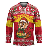 Ghana Christmas Hockey Jersey with Monkey Holding Gift Ghana Map and Festive - Wonder Print Shop