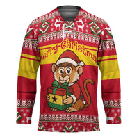 Ghana Christmas Hockey Jersey with Monkey Holding Gift Ghana Map and Festive - Wonder Print Shop