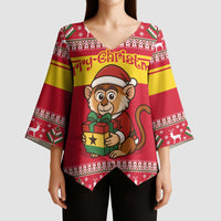 Ghana Christmas Kimono Sleeve Blouse with Monkey Holding Gift Ghana Map and Festive - Wonder Print Shop