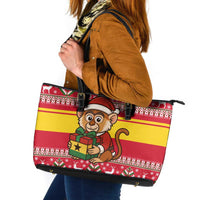 Ghana Christmas Leather Tote Bag with Monkey Holding Gift Ghana Map and Festive - Wonder Print Shop