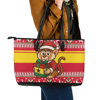 Ghana Christmas Leather Tote Bag with Monkey Holding Gift Ghana Map and Festive - Wonder Print Shop