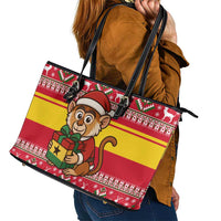 Ghana Christmas Leather Tote Bag with Monkey Holding Gift Ghana Map and Festive - Wonder Print Shop