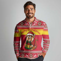 Ghana Christmas Long Sleeve Polo Shirt with Monkey Holding Gift Ghana Map and Festive - Wonder Print Shop