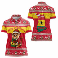 Ghana Christmas Women Polo Shirt with Monkey Holding Gift Ghana Map and Festive - Wonder Print Shop