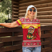 Ghana Christmas Women Polo Shirt with Monkey Holding Gift Ghana Map and Festive - Wonder Print Shop
