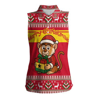 Ghana Christmas Women Sleeveless Polo Shirt with Monkey Holding Gift Ghana Map and Festive - Wonder Print Shop