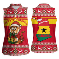Ghana Christmas Women Sleeveless Polo Shirt with Monkey Holding Gift Ghana Map and Festive - Wonder Print Shop