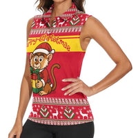 Ghana Christmas Women Sleeveless Polo Shirt with Monkey Holding Gift Ghana Map and Festive - Wonder Print Shop