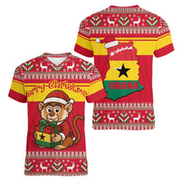 Ghana Christmas Women V-Neck T-Shirt with Monkey Holding Gift Ghana Map and Festive - Wonder Print Shop