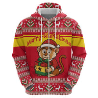 Ghana Christmas Zip Hoodie with Monkey Holding Gift Ghana Map and Festive - Wonder Print Shop
