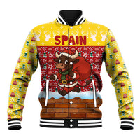 Spain Christmas Baseball Jacket with Santa Bull Brick Chimney Wreath and Festive Holiday - Wonder Print Shop