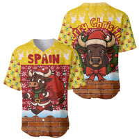 Spain Christmas Baseball Jersey with Santa Bull Brick Chimney Wreath and Festive Holiday - Wonder Print Shop