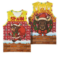 Spain Christmas Basketball Jersey with Santa Bull Brick Chimney Wreath and Festive Holiday - Wonder Print Shop