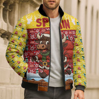 Spain Christmas Bomber Puffer Jacket with Santa Bull Brick Chimney Wreath and Festive Holiday - Wonder Print Shop