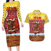 Spain Christmas Couples Matching Long Sleeve Bodycon Dress and Hawaiian Shirt with Santa Bull Brick Chimney Wreath and Festive Holiday - Wonder Print Shop
