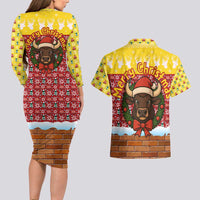 Spain Christmas Couples Matching Long Sleeve Bodycon Dress and Hawaiian Shirt with Santa Bull Brick Chimney Wreath and Festive Holiday - Wonder Print Shop