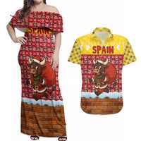 Spain Christmas Couples Matching Off Shoulder Maxi Dress and Hawaiian Shirt with Santa Bull Brick Chimney Wreath and Festive Holiday - Wonder Print Shop