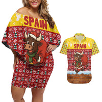 Spain Christmas Couples Matching Off Shoulder Short Dress and Hawaiian Shirt with Santa Bull Brick Chimney Wreath and Festive Holiday - Wonder Print Shop