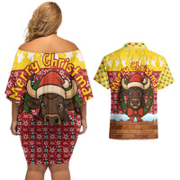Spain Christmas Couples Matching Off Shoulder Short Dress and Hawaiian Shirt with Santa Bull Brick Chimney Wreath and Festive Holiday - Wonder Print Shop