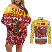 Spain Christmas Couples Matching Off Shoulder Short Dress and Long Sleeve Button Shirt with Santa Bull Brick Chimney Wreath and Festive Holiday - Wonder Print Shop
