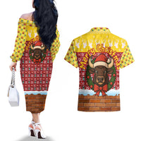 Spain Christmas Couples Matching Off The Shoulder Long Sleeve Dress and Hawaiian Shirt with Santa Bull Brick Chimney Wreath and Festive Holiday - Wonder Print Shop