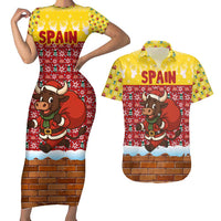 Spain Christmas Couples Matching Short Sleeve Bodycon Dress and Hawaiian Shirt with Santa Bull Brick Chimney Wreath and Festive Holiday - Wonder Print Shop