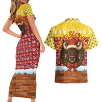 Spain Christmas Couples Matching Short Sleeve Bodycon Dress and Hawaiian Shirt with Santa Bull Brick Chimney Wreath and Festive Holiday - Wonder Print Shop