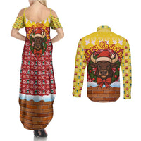 Spain Christmas Couples Matching Summer Maxi Dress and Long Sleeve Button Shirt with Santa Bull Brick Chimney Wreath and Festive Holiday - Wonder Print Shop