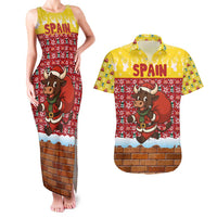 Spain Christmas Couples Matching Tank Maxi Dress and Hawaiian Shirt with Santa Bull Brick Chimney Wreath and Festive Holiday - Wonder Print Shop