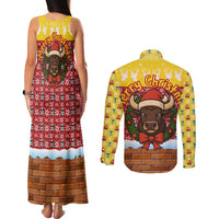 Spain Christmas Couples Matching Tank Maxi Dress and Long Sleeve Button Shirt with Santa Bull Brick Chimney Wreath and Festive Holiday - Wonder Print Shop