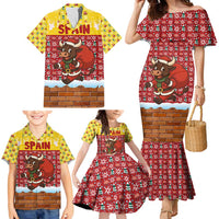 Spain Christmas Family Matching Mermaid Dress and Hawaiian Shirt with Santa Bull Brick Chimney Wreath and Festive Holiday - Wonder Print Shop