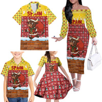 Spain Christmas Family Matching Off The Shoulder Long Sleeve Dress and Hawaiian Shirt with Santa Bull Brick Chimney Wreath and Festive Holiday - Wonder Print Shop