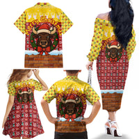 Spain Christmas Family Matching Off The Shoulder Long Sleeve Dress and Hawaiian Shirt with Santa Bull Brick Chimney Wreath and Festive Holiday - Wonder Print Shop