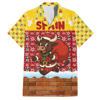 Spain Christmas Family Matching Off The Shoulder Long Sleeve Dress and Hawaiian Shirt with Santa Bull Brick Chimney Wreath and Festive Holiday - Wonder Print Shop