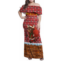 Spain Christmas Family Matching Off Shoulder Maxi Dress and Hawaiian Shirt with Santa Bull Brick Chimney Wreath and Festive Holiday - Wonder Print Shop