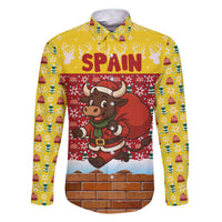 Spain Christmas Family Matching Short Sleeve Bodycon Dress and Hawaiian Shirt with Santa Bull Brick Chimney Wreath and Festive Holiday - Wonder Print Shop