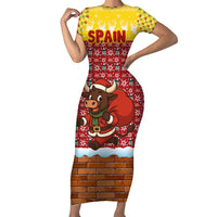 Spain Christmas Family Matching Short Sleeve Bodycon Dress and Hawaiian Shirt with Santa Bull Brick Chimney Wreath and Festive Holiday - Wonder Print Shop