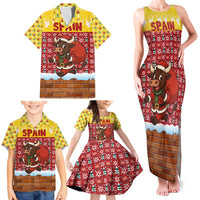 Spain Christmas Family Matching Tank Maxi Dress and Hawaiian Shirt with Santa Bull Brick Chimney Wreath and Festive Holiday - Wonder Print Shop