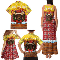 Spain Christmas Family Matching Tank Maxi Dress and Hawaiian Shirt with Santa Bull Brick Chimney Wreath and Festive Holiday - Wonder Print Shop