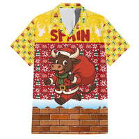 Spain Christmas Hawaiian Shirt with Santa Bull Brick Chimney Wreath and Festive Holiday - Wonder Print Shop