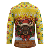Spain Christmas Hockey Jersey with Santa Bull Brick Chimney Wreath and Festive Holiday - Wonder Print Shop