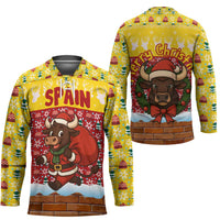 Spain Christmas Hockey Jersey with Santa Bull Brick Chimney Wreath and Festive Holiday - Wonder Print Shop