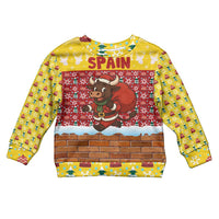 Spain Christmas Kid Ugly Christmas Sweater with Santa Bull Brick Chimney Wreath and Festive Holiday - Wonder Print Shop