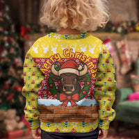 Spain Christmas Kid Ugly Christmas Sweater with Santa Bull Brick Chimney Wreath and Festive Holiday - Wonder Print Shop
